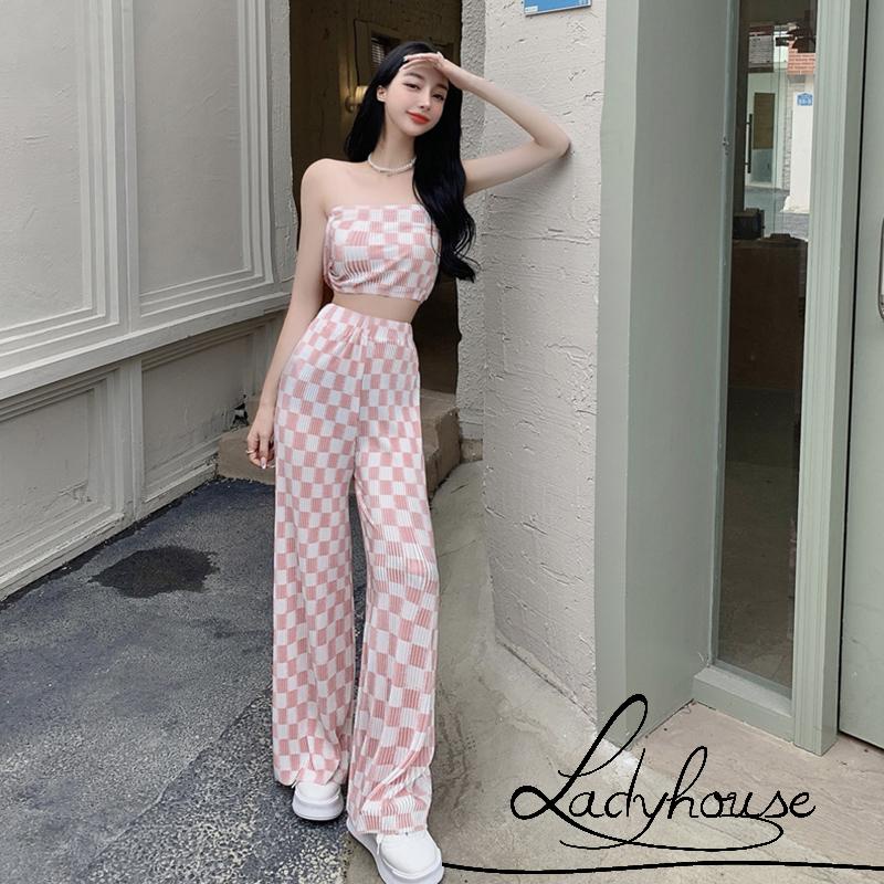 LDD-Women 2PCS Outfits, Check Pattern Sleeveless Tube Tops, High Waist Long Wide Leg Pants