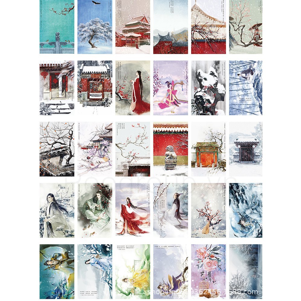 Postcard bưu thiếp bộ 30 tấm cổ trang cổ phong Hoa Ngữ âm thanh tuyết rơi Poogroup