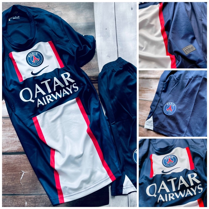 Set bộ quần áo thể thao bóng đá vải gai thái clb psg màu xanh than logo thêu đầy đủ 2022 2023