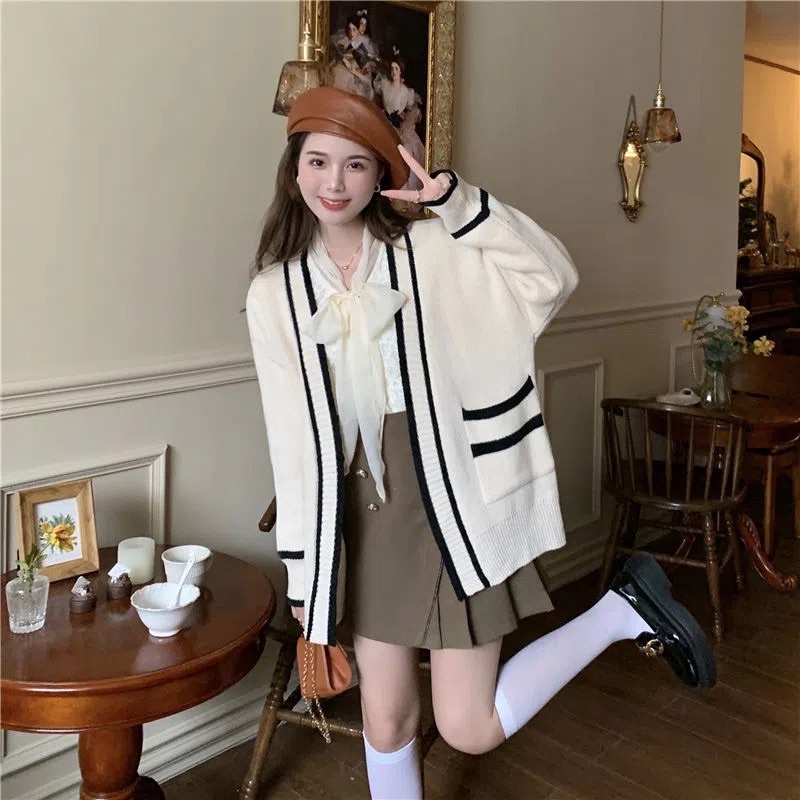 Áo Cadigan len trơn nữ màu đen trắng form rộng phối bo viền dài tay phong cách Ulzzang Basic Đi Học
