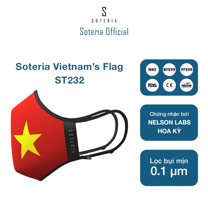 Khẩu trang cờ Việt Nam SOTERIA Vietnam’s Flag ST232 - Bộ lọc N95 BFE PFE99 lọc đến 99% bụi mịn 0.1 micro-Size SML