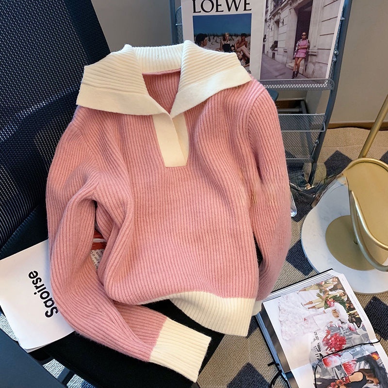 Áo Sweater Dệt Kim Cổ Chữ V Màu Sắc Tương Phản Phong Cách Hàn Quốc Thời Trang Mùa Thu Cho Nữ