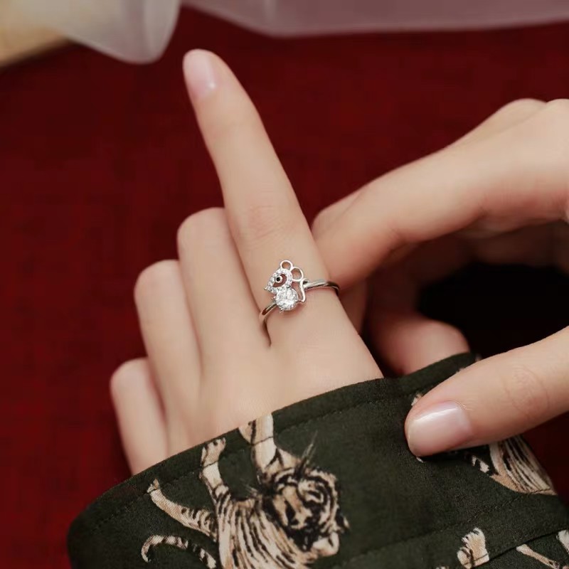 Nhẫn Đính Đá Zircon Hình Chuột Hoàng Đạo Dễ Thương Có Thể Điều Chỉnh Kích Thước Phong Cách Nhật Hàn