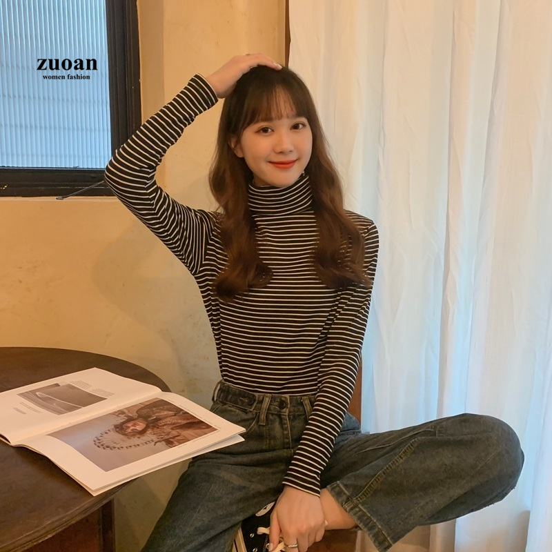 SUXI Áo cổ cao tay dài họa tiết sọc ngang trơn đáng yêu thời trang cho nữ