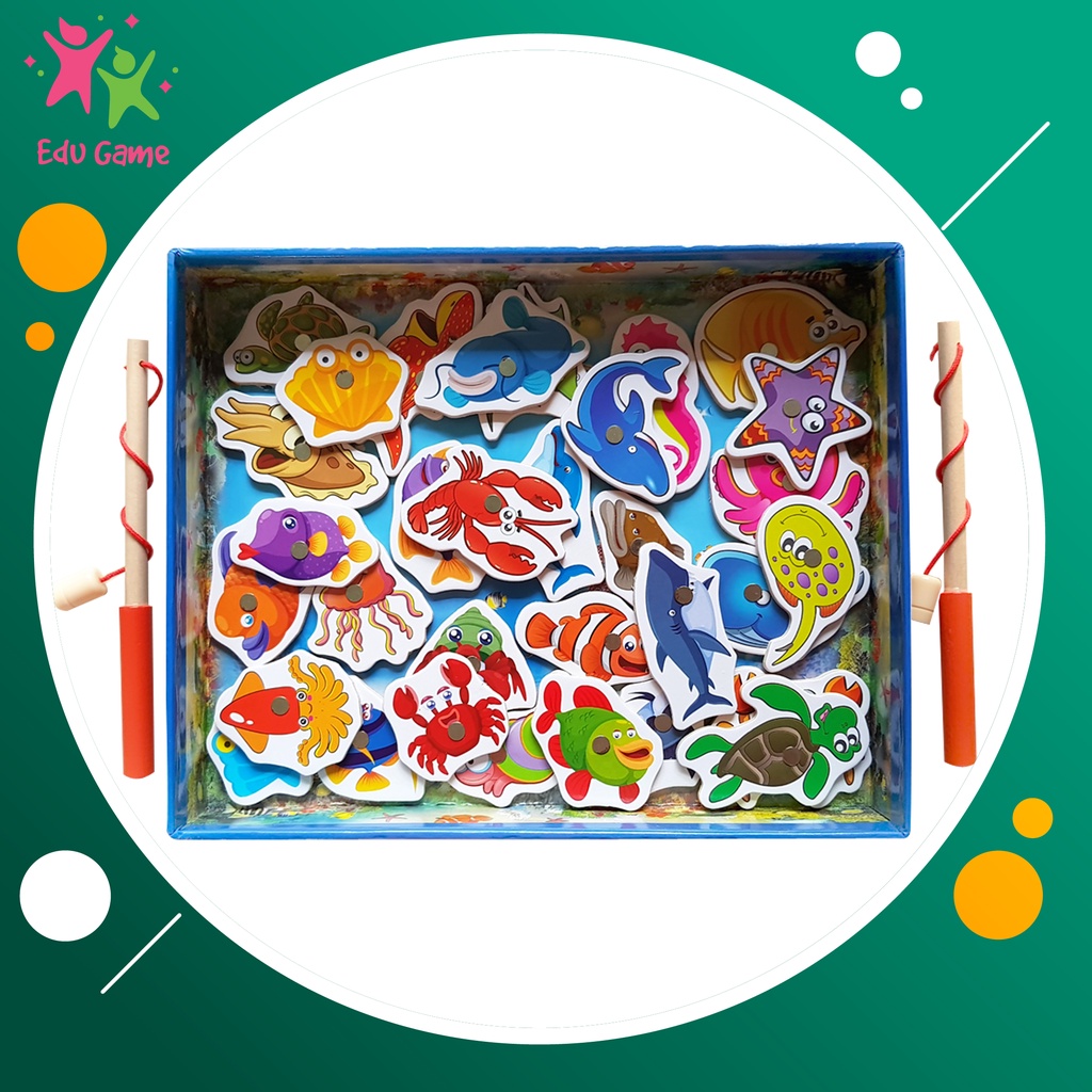 Bộ Câu Cá Bằng Gỗ Hộp Giấy Fishing Game - Đồ chơi rèn luyện khéo tay cho bé 3 tuổi học tập các sinh vật biển
