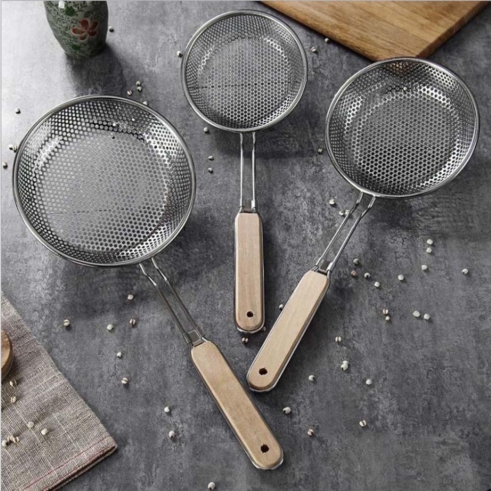 Muỗng Lưới Lọc Thức Ăn Bằng Thép Không Gỉ Tay Cầm Bằng Gỗ Tiện Lợi Dành Cho Nhà Bếp