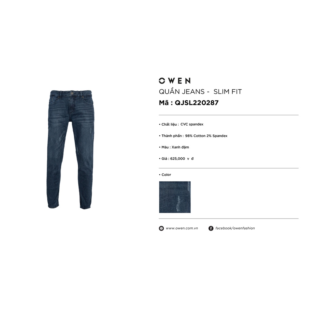 Quần Jean Nam Quần Bò Hàng Hiệu Cao Cấp Owen QJSL220287 Dáng Slim Fit Ống Côn Màu Xanh Đậm Vải Denim Cao Cấp Đàn Hồi Tốt
