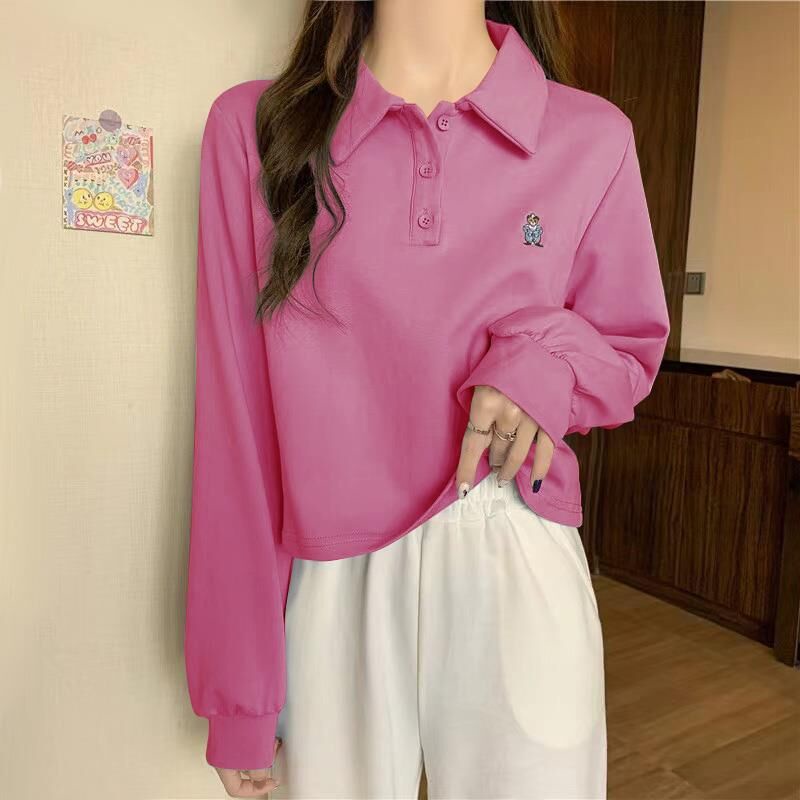 Áo Sweater Cổ Polo Dáng Rộng Thêu Hình Gấu Kiểu Hàn Quốc Thời Trang Mùa Thu Cho Nữ