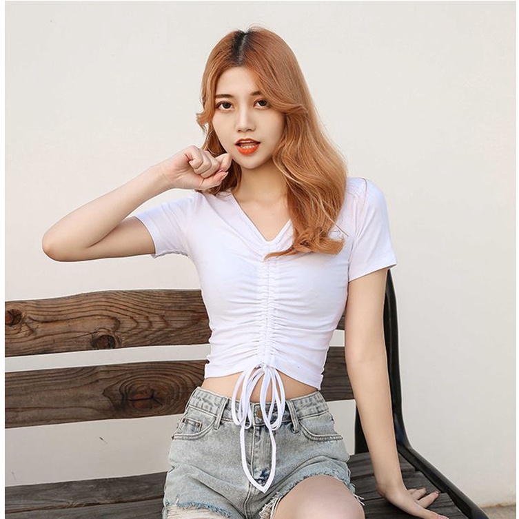 Áo croptop rút dây tay ngắn 💖YC Fashion💖 Áo thun croptop cổ tim chất thun co giãn cá tính ôm sexy màu đen trắng SP20