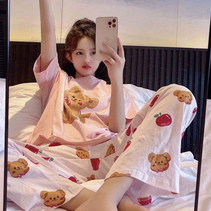 Bộ Đồ Ngủ Tay Ngắn Chất Liệu Cotton Cao Cấp In Họa Tiết Gấu Dễ Thương Thời Trang Mùa Hè 2022 Mới
