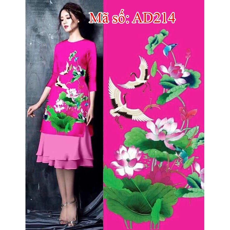AD214 có 2XL Set áo dài cách tân gấm họa tiết hoa sen hồng kèm váy dập ly 2 tầng