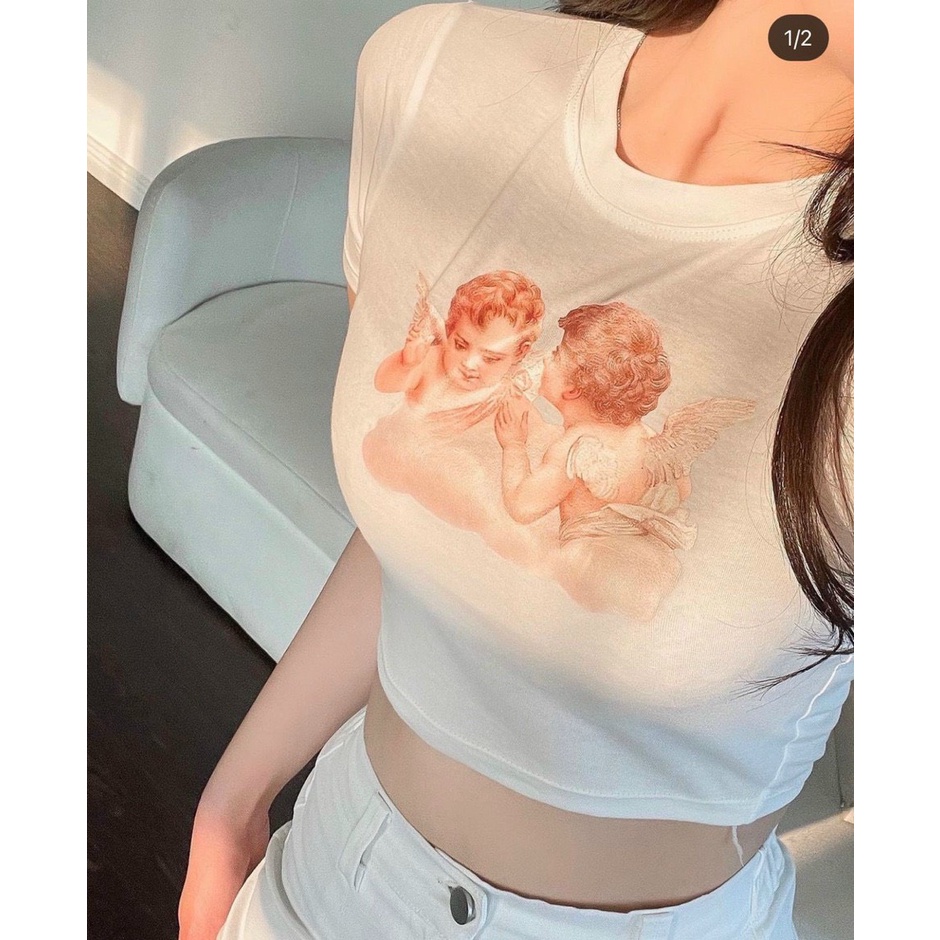 áo croptop thun lụa tay ngắn in 3d thiên thần xinh na