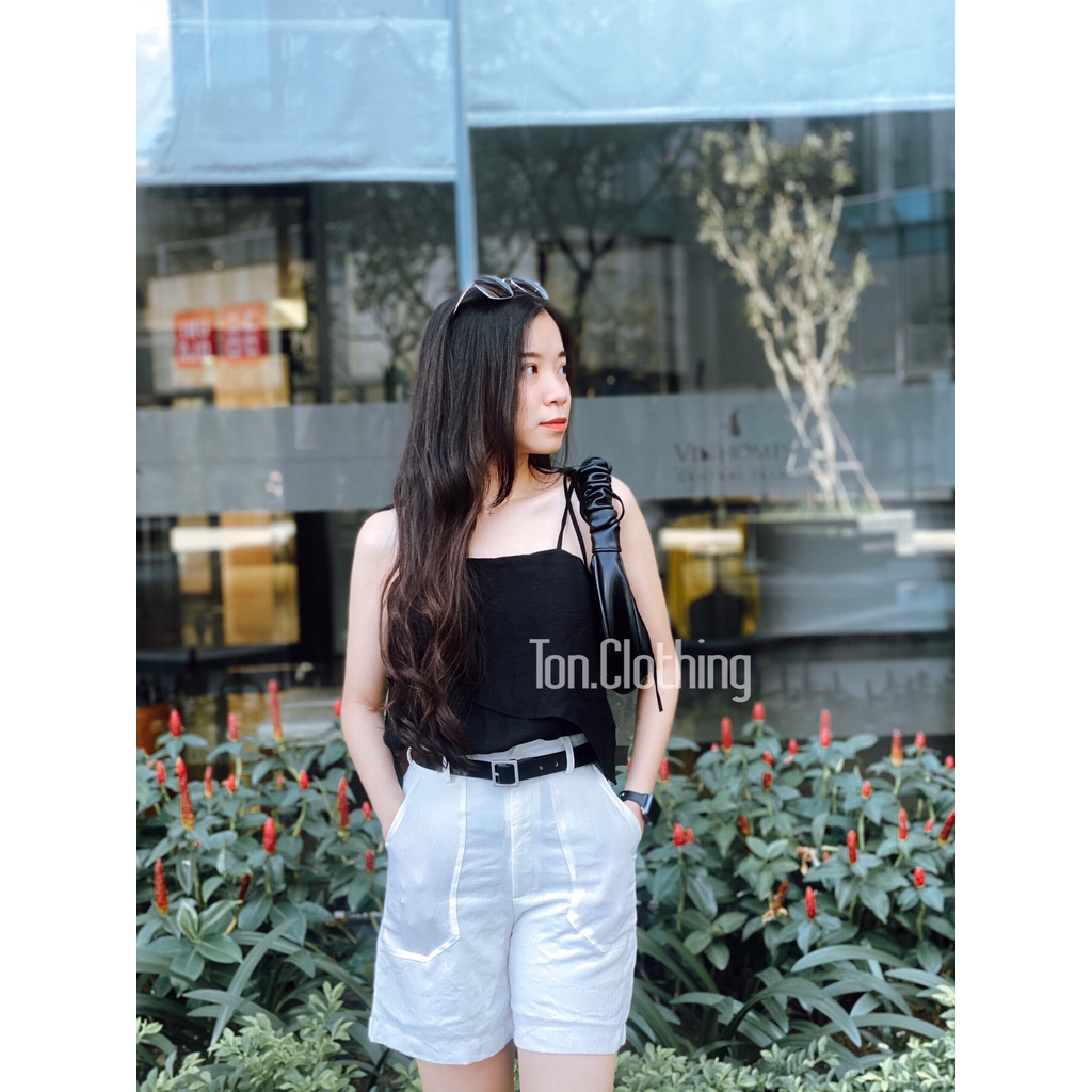 Áo 2 dây cột nơ nữ Ton.Clothing vải linen tre xịn thiết kế 2 tầng vạt xéo dễ thương xinh xắn màu đen AOK011'