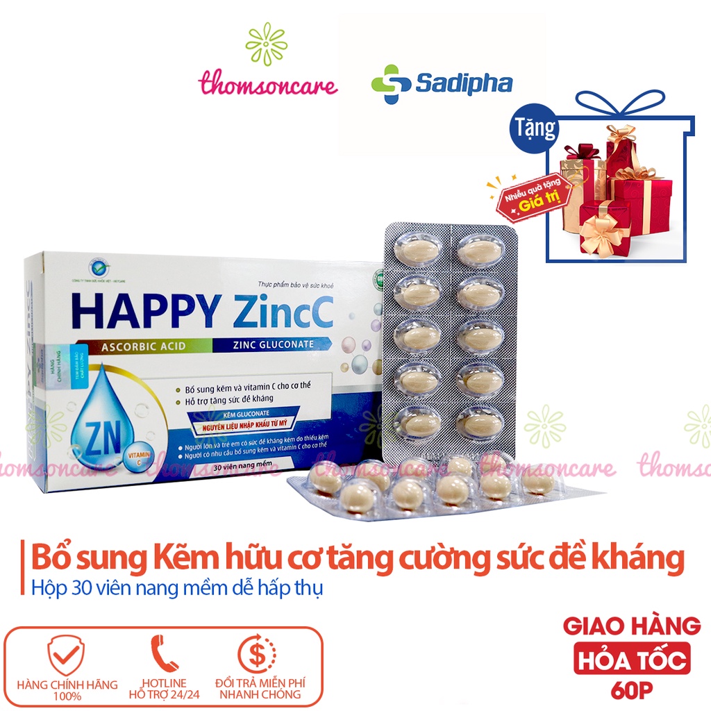 Bổ sung Kẽm vtm C - Happy Zinc C tăng sức đề kháng - Hộp 30 viên nang mềm