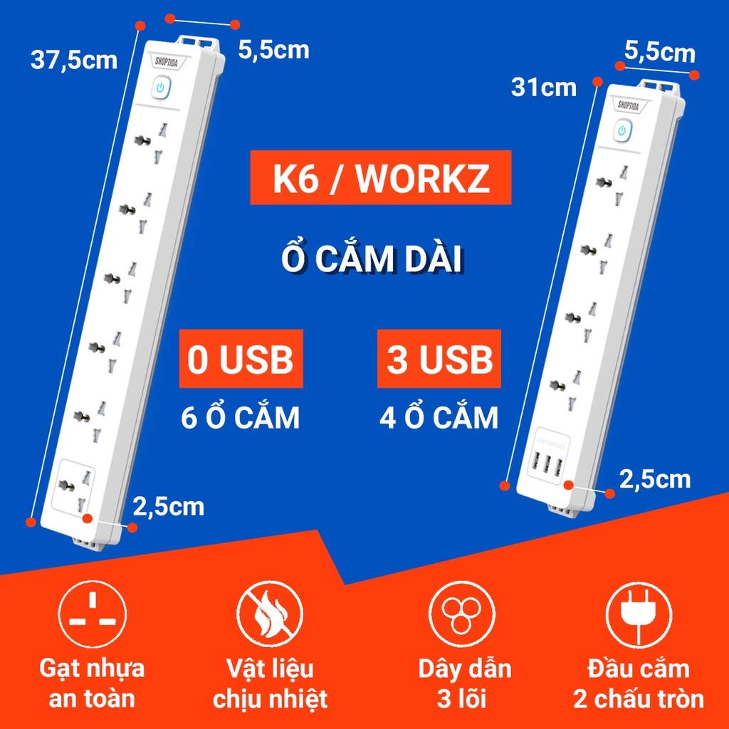 Ổ cắm điện đa năng shoptida có sạc nhanh PD 20W cổng USB + typeC, 4-6 lỗ cắm tải 2500W an toàn chống giật, chịu nhiệt