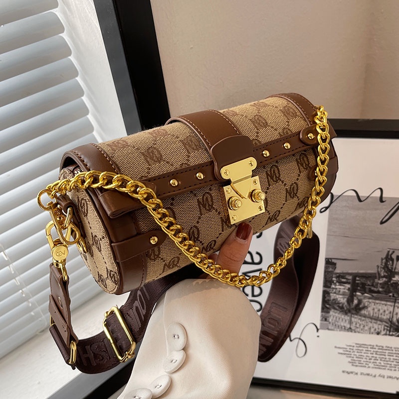 Túi Xách Đeo Vai Hình Trụ Phối Dây Xích Thời Trang Pháp Dành Cho Nữ