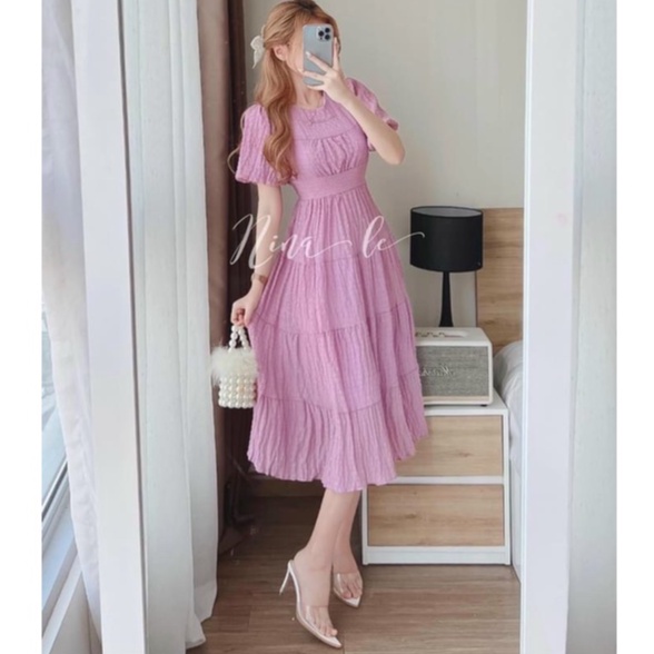 Váy đầm nữ dáng xòe tay phồng cổ tròn phong cách tiểu thư dễ thương