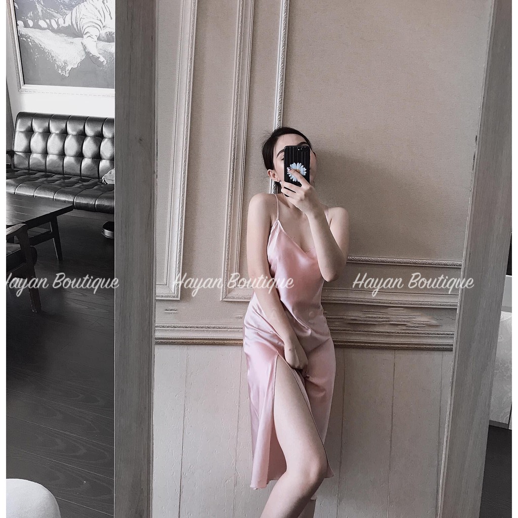 Váy ngủ sexy nữ 2 dây xẻ đùi đan dây lưng, đầm ngủ mặc nhà quyến rũ QUẢNG CHÂU #HT23