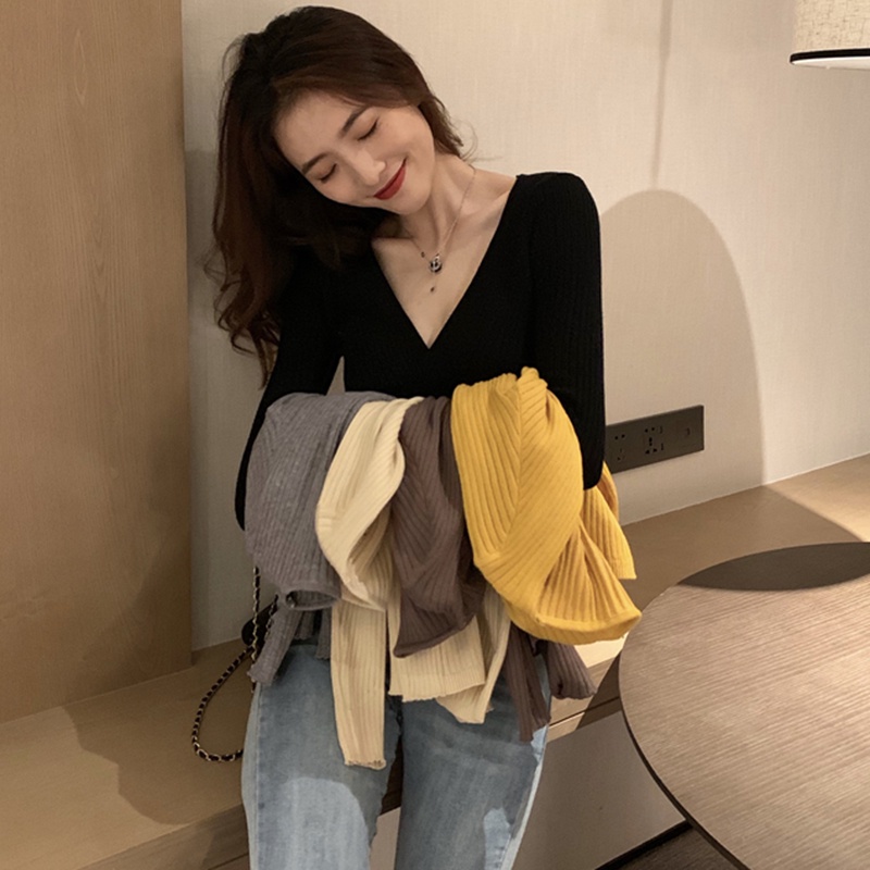 Áo sweater tay dài cổ chữ V dáng ôm đơn giản dễ phối đồ phong cách Hàn Quốc