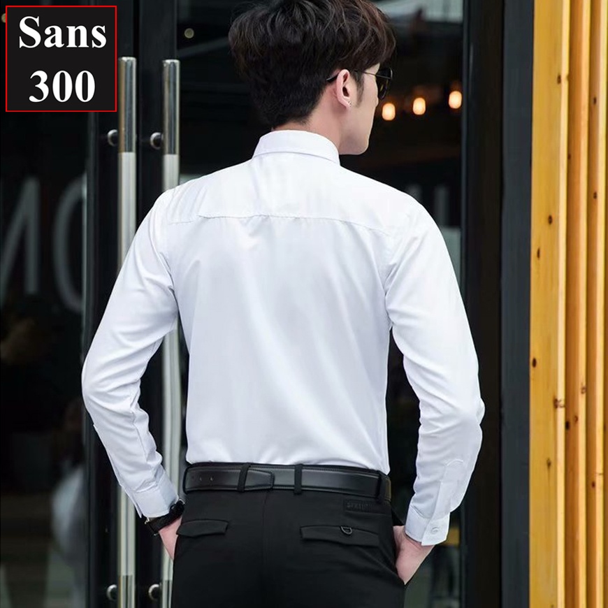 Áo sơ mi nam dài tay Sans300 trơn basic cotton lụa mỏng mát nhẹ màu trắng đen xanh dương than đẹp cao cấp không nhăn