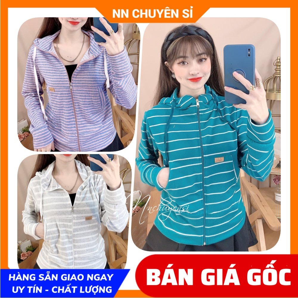 Áo khoác chống nắng nữ có nón chất thun gân tăm mềm co giãn lên phom ôm dáng phối sọc dễ thương TP116