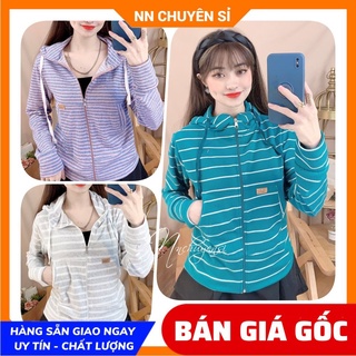 Áo khoác chống nắng nữ có nón chất thun gân tăm mềm co giãn lên phom ôm dáng phối sọc dễ thương TP116