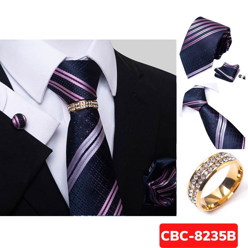 Bộ Cà vạt 4 món gồm Cavat 8cm, khăn cài túi, Măng-set, Nhẫn tròn phụ kiện, Cravat chú rể, Calavat công sở CBC-8235
