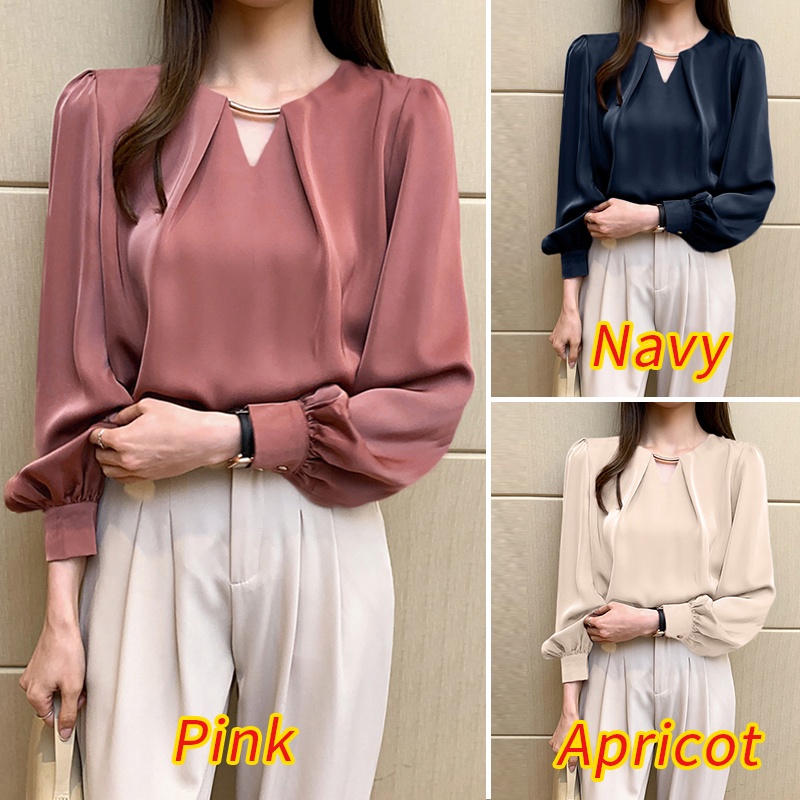 Áo kiểu ZANZEA tay phồng dài màu trơn cổ tròn phong cách Hàn Quốc dễ phối cho nữ