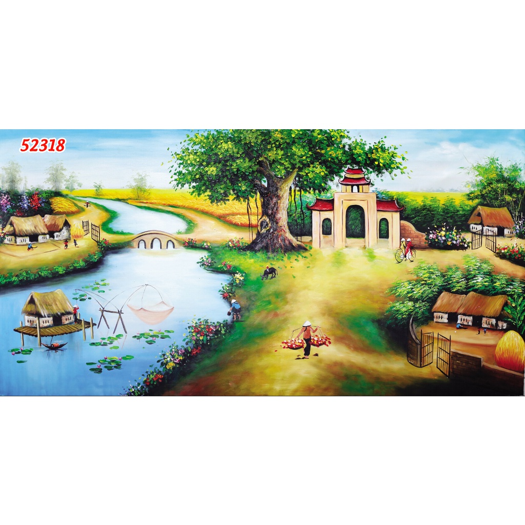 Tranh Dán tường 3D Phong Cảnh Làng Quê chân thực, mộc mạc, yên bình, thanh bình