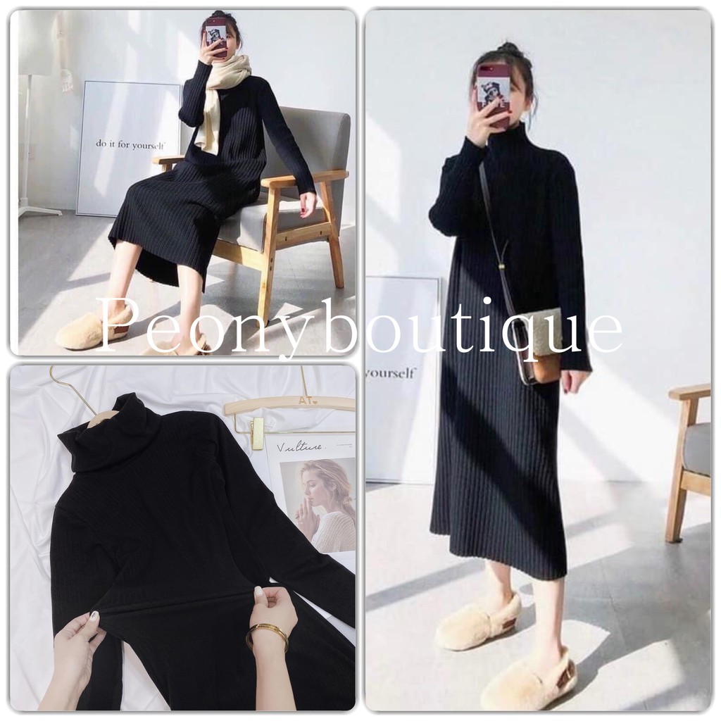 Váy Midi Len Cổ Lọ Nữ [FREESHIP]  Đầm suông dáng dài co dãn màu đen trơn bánh bèo tiểu thư Ulzzang HOT