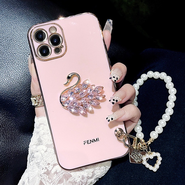 Ốp Điện Thoại Hình Thiên Nga Đính Kim Cương Giả Kèm Dây Đeo Cho Apple iphone 13 12promax iphone 11 pro max