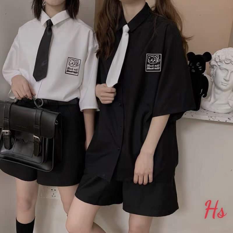 Áo sơ mi mèo ngắn tay kem cavat HSU1 0321
