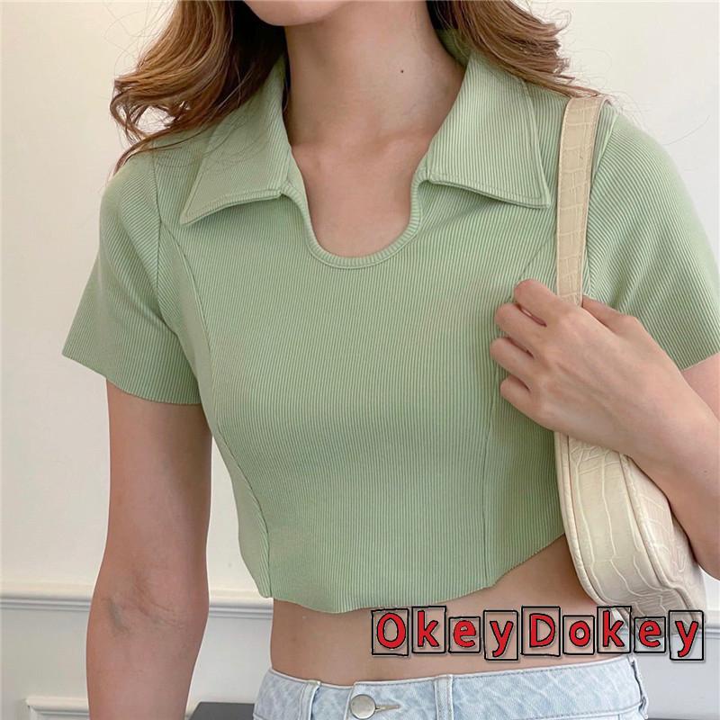 Áo Croptop Tay Ngắn Cổ Bẻ Màu Trơn Thời Trang Mùa Hè Cho Nữ