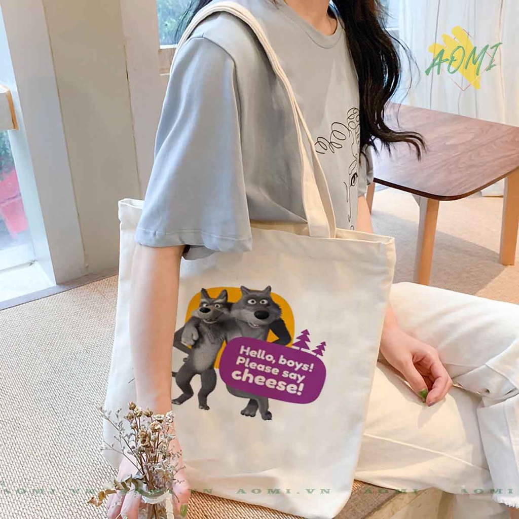 TOTE CANVAS masha and bear TÚI VẢI ĐEO VAI BAG CÓ KHÓA KÉO SIZE LỚN 33x38cm AOMIVN DU LỊCH DẠO PHỐ