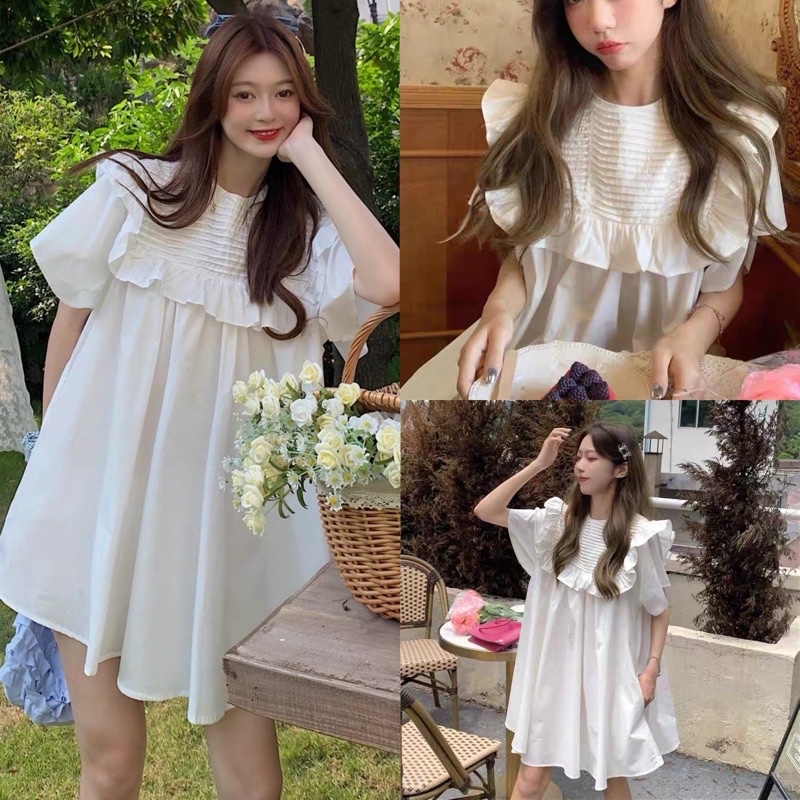 [Ảnh thạt/Video]Áo váy Moment xếp li ngực dáng babydoll xoè nhẹ xinh xắn Đầm thô mềm dáng ngắn Hàn Quốc