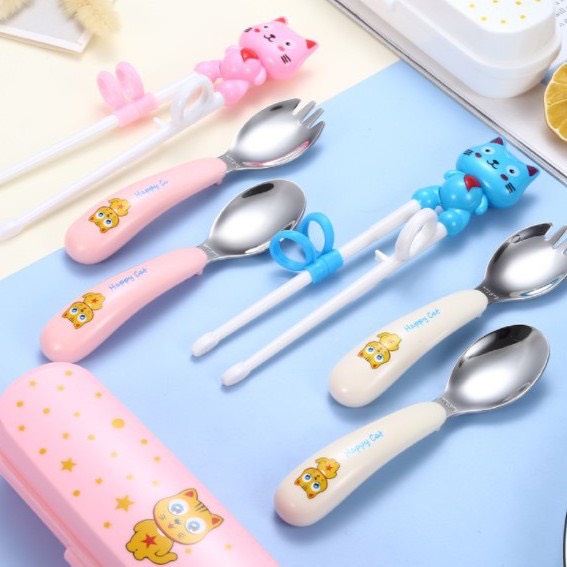 Set Thìa Đĩa Đũa Xỏ Ngón Tập Ăn Cao Cấp Hình Mèo Dễ Thương Cho Bé