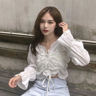 [ORDER] ÁO TRẮNG DÂY RÚT DÀI TAY CỔ REN NỮ TÍNH SEXY HÀN QUỐC