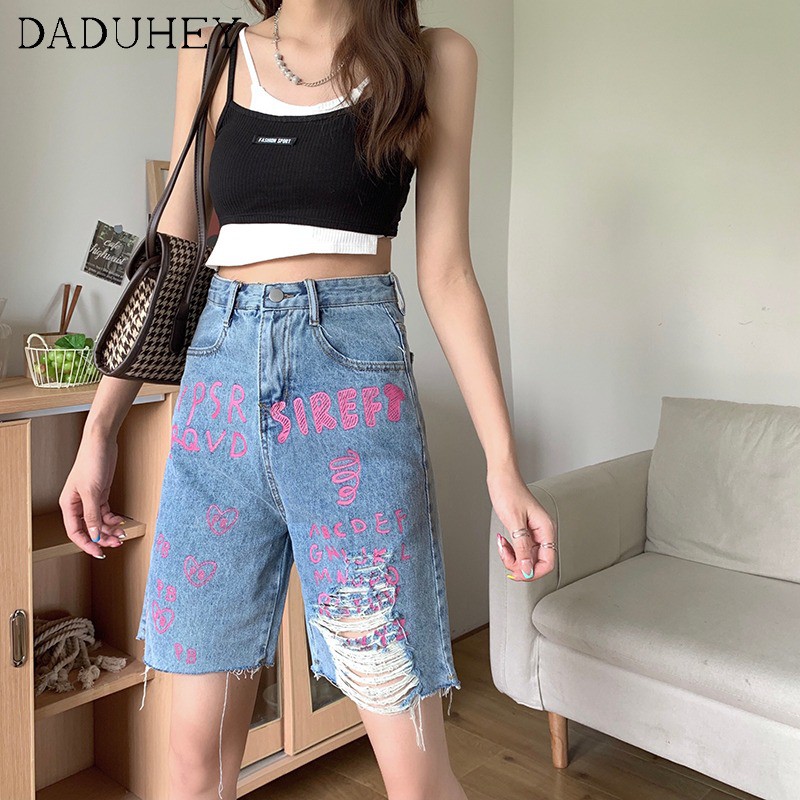 Quần Short Jean Rách Dáng Suông Ống Rộng Lưng Cao Tôn Dáng Thời Trang Xuân Hè Cho Nữ Dưới 100kg