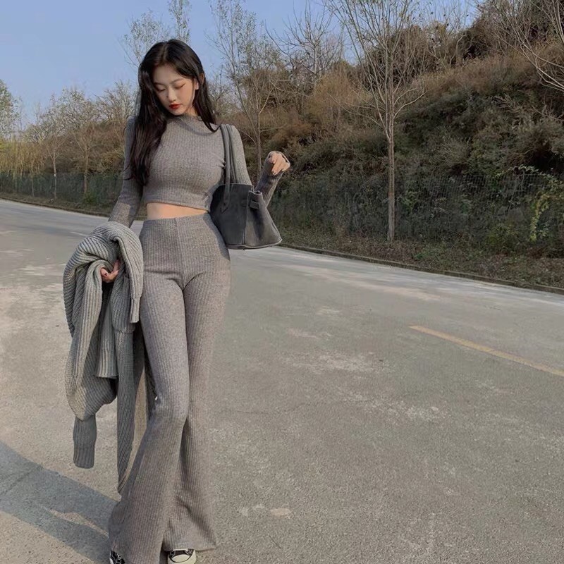 Set áo len croptop dài tay+quần len ống loe+áo cardigan len dài