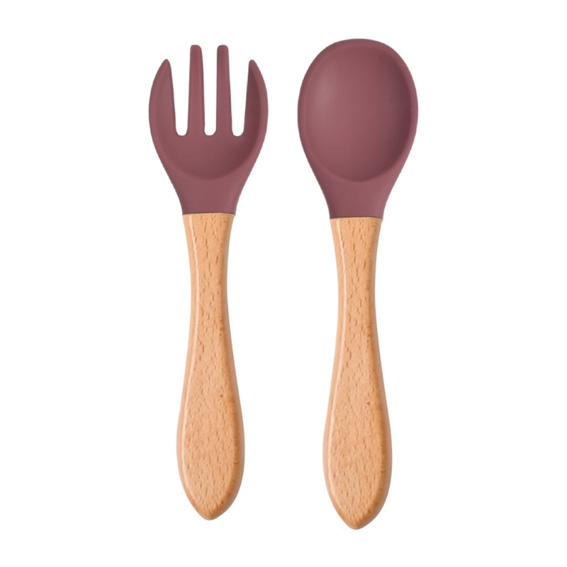 Bộ Muỗng Nĩa Silicone Cán Gỗ Dành Cho Bé Tập Ăn