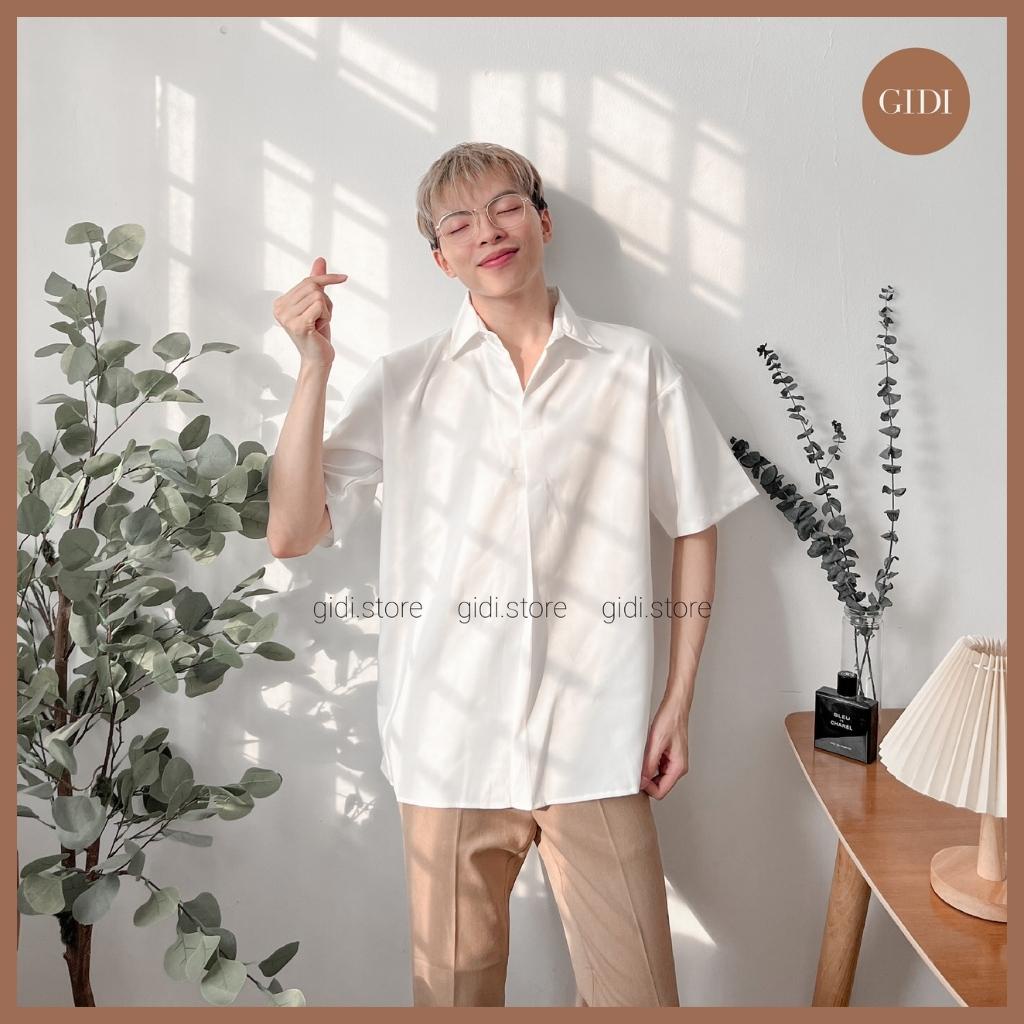 Áo sơ mi KHÔNG NÚT tay lỡ Nam Nữ Unisex - sơ mi ngắn tay phong cách Hàn Quốc vải lụa không nhăn, cực mát