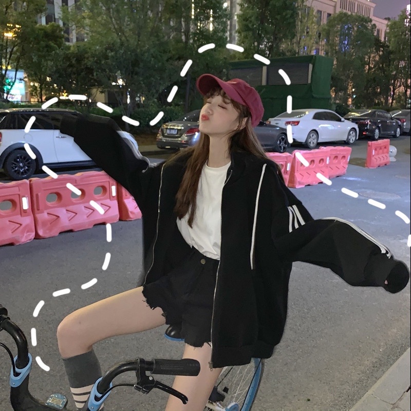 IELGY  Áo Nỉ Tay Dài Cổ Lọ Dáng Rộng Có Khóa Kéo Thời Trang Cho Nữ