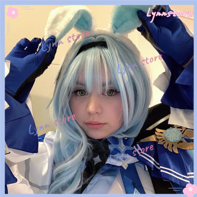 Genshin Impact Eula Cosplay Tóc giả Phụ nữ Màu xanh nổi bật Màu trắng Tóc mai không đều nhau Tóc giả tổng hợp chống nóng Tóc giả