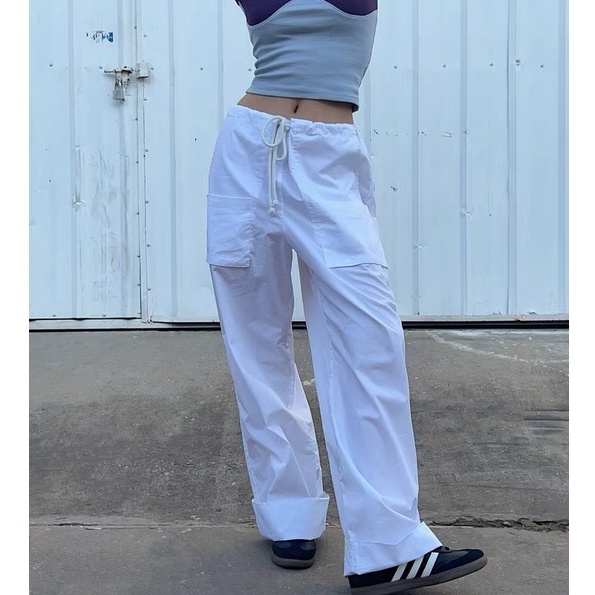 Quần Dài Ống Rộng Lưng Thấp Phối Dây Rút Phong Cách Cổ Điển Thời Trang Đường Phố Cho Nữ Y2K