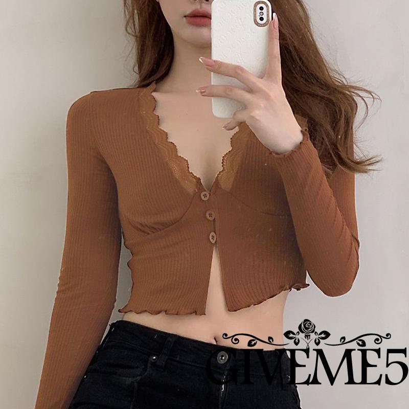 Áo Crop Top Tay Dài Cổ Chữ V Phối Ren Thời Trang Cho Nữ