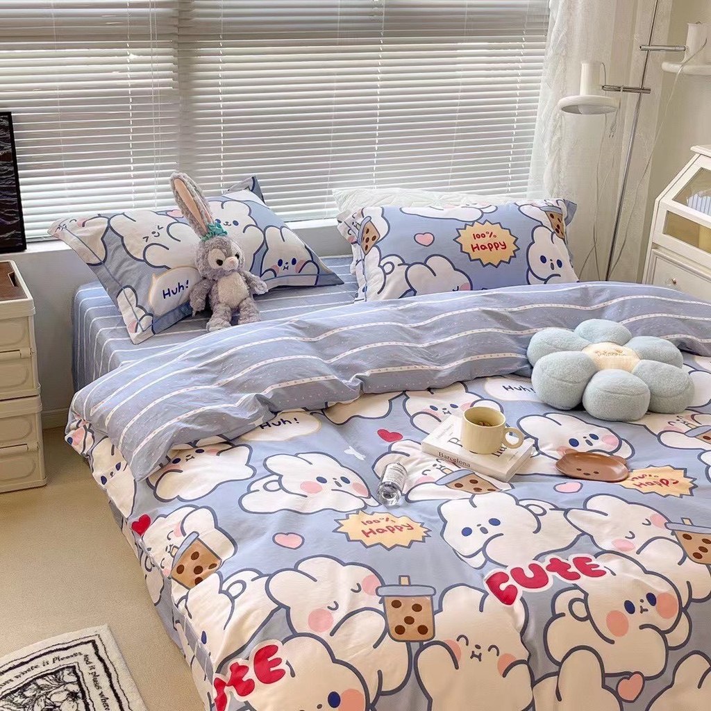 Bộ Chăn Ga Gối Cotton Living - 100% Cotton  , Bộ Ga Giường - Vỏ Chăn - 2 Vỏ Gối Nằm Họa Tiết Thỏ Ngọc Cho Các Bé