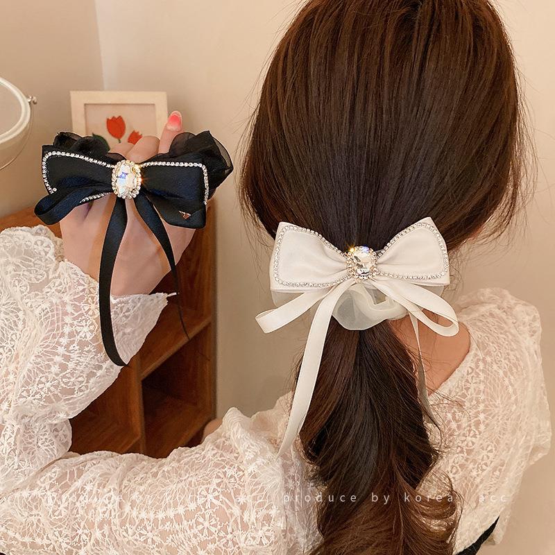 Dây Buộc Tóc Cao Su Co Giãn Phối Họa Tiết Nơ Kim Cương Cổ Điển Thời Trang Hàn Quốc Cho Nữ