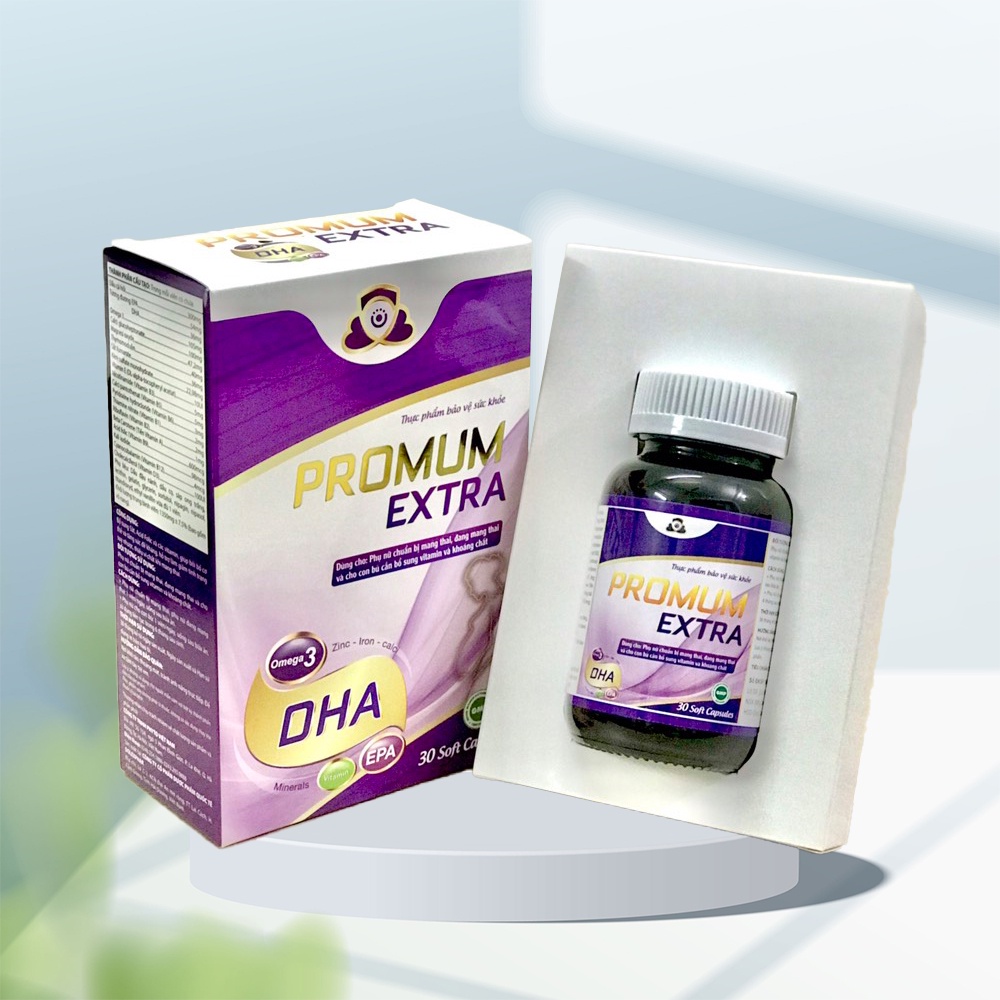 Vitamin tổng hợp PROMUM EXTRA cho bà bầu - Lọ 30 viên từ dầu cá hồi, EPA, DHA, Omega, Canxi Acid Folic và sắt