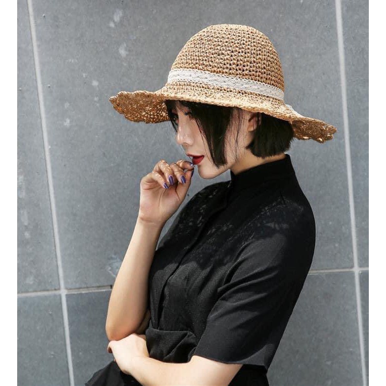 mũ cói mềm đính nơ ren đi biển chụp hình xinh