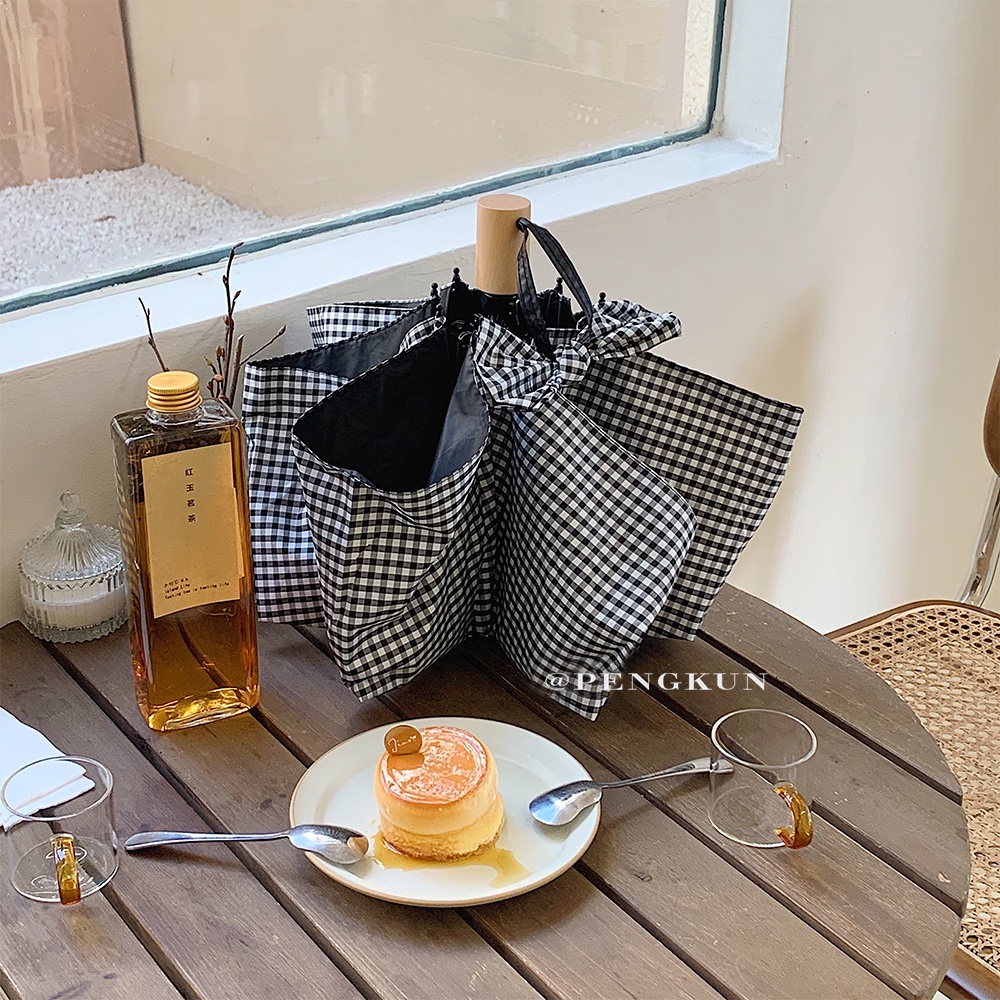 Dù Gấp Tự Động Che Nắng Mưa Họa Tiết Kẻ Sọc Màu Đen Phong Cách Hàn Quốc